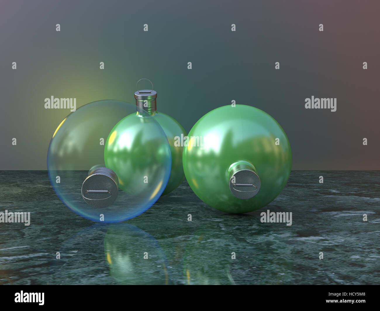 Weihnachtskugeln auf Marmor, fotorealistische Computergrafik Stockfoto
