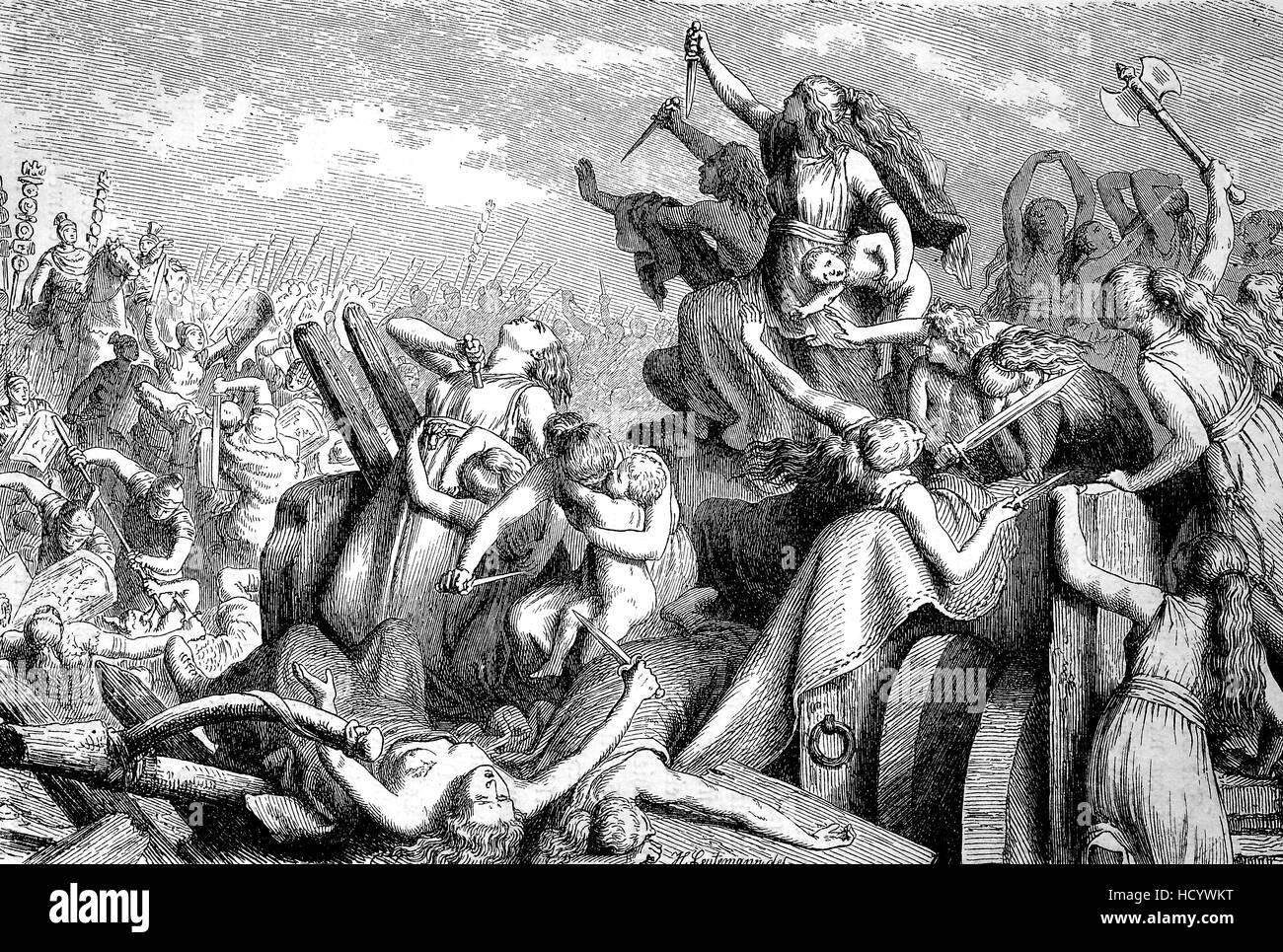 die alten Menschen ot die Kimbern und Teutonen verteidigen ihre Wagenburg gegen die römischen Soldaten, die Geschichte des antiken Rom, Römisches Reich, Italien Stockfoto
