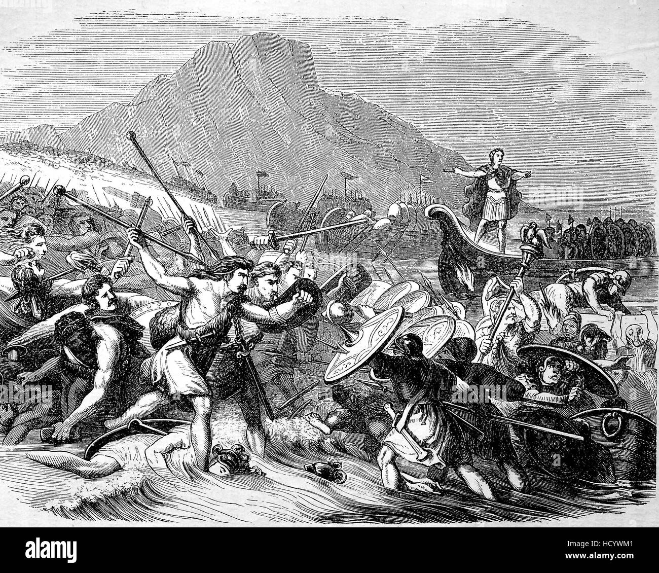 Gaius Iulius Caesar und seine Soldaten kamen Großbritannien, 55 v. Chr., die Geschichte des antiken Rom, Römisches Reich, Italien Stockfoto