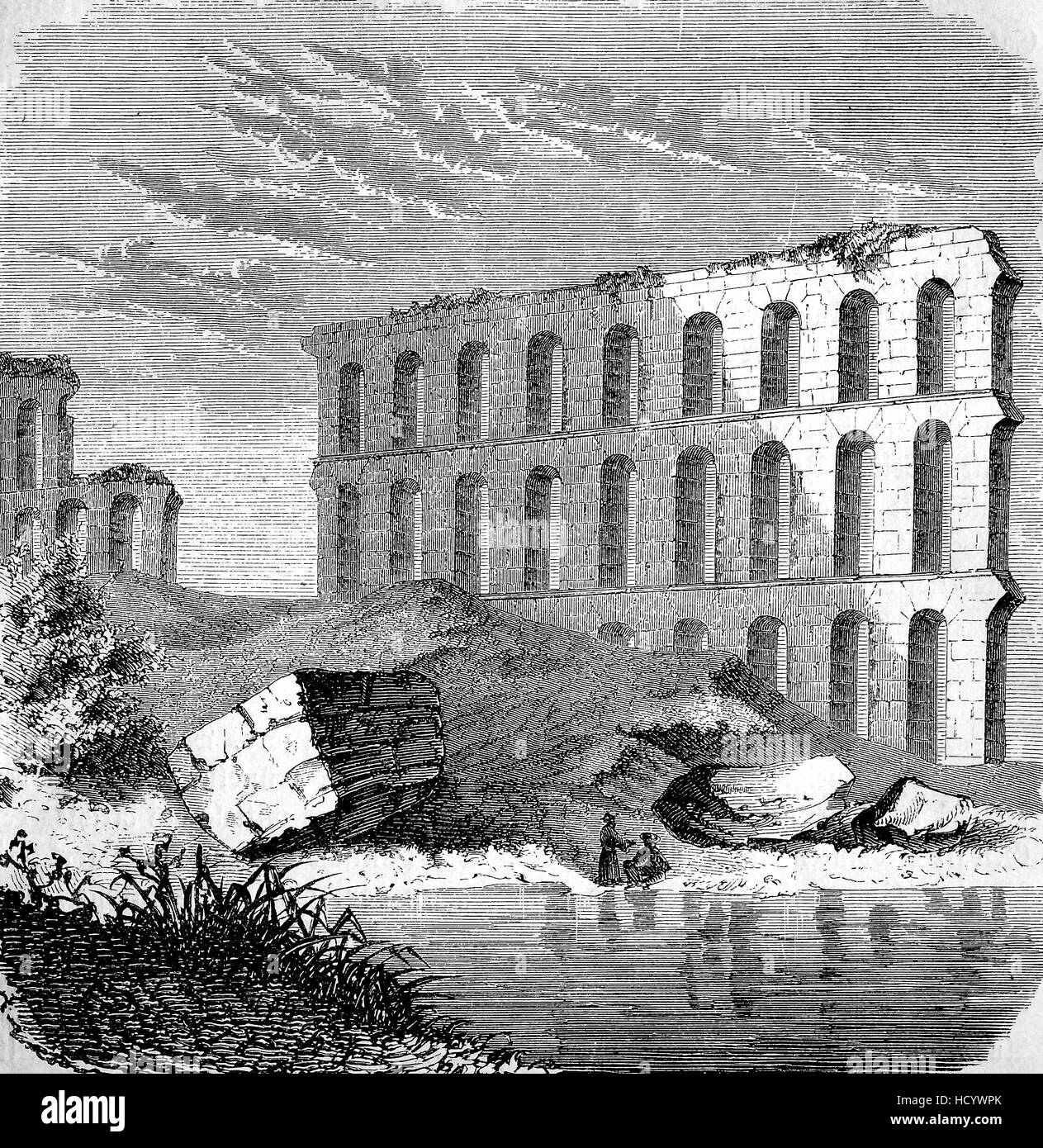 Der dritte punische Krieg 149 BC-146 BC, Zerstörung von Karthago, die beschädigten Aquädukte oder Wasser zu überbrücken, die Geschichte des antiken Rom, Römisches Reich, Italien Stockfoto
