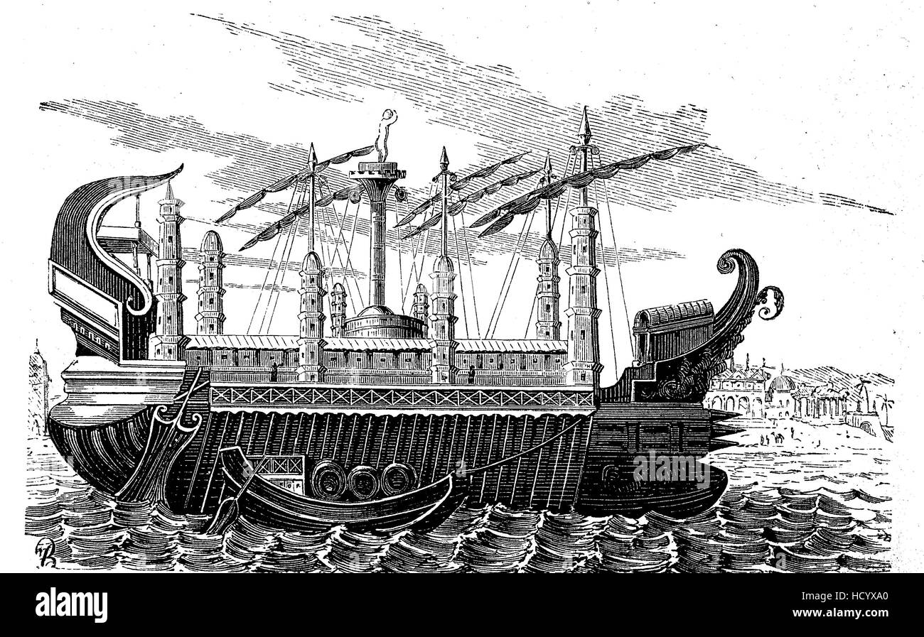 das riesige Schiff von Hiero II. 308-215 v. Chr., infront von Syrakus, Italien, die Geschichte des antiken Rom, Römisches Reich Stockfoto