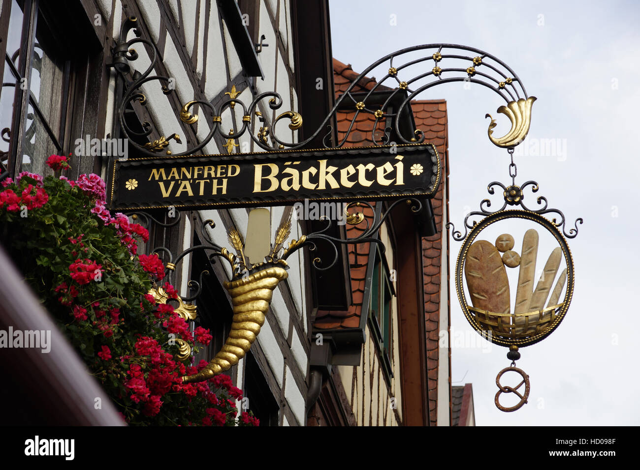 bin Zeichen der Bäckerei, Lohr, Main, Landkreis Main-Spessart, Unterfranken, Bayern, Deutschland Stockfoto