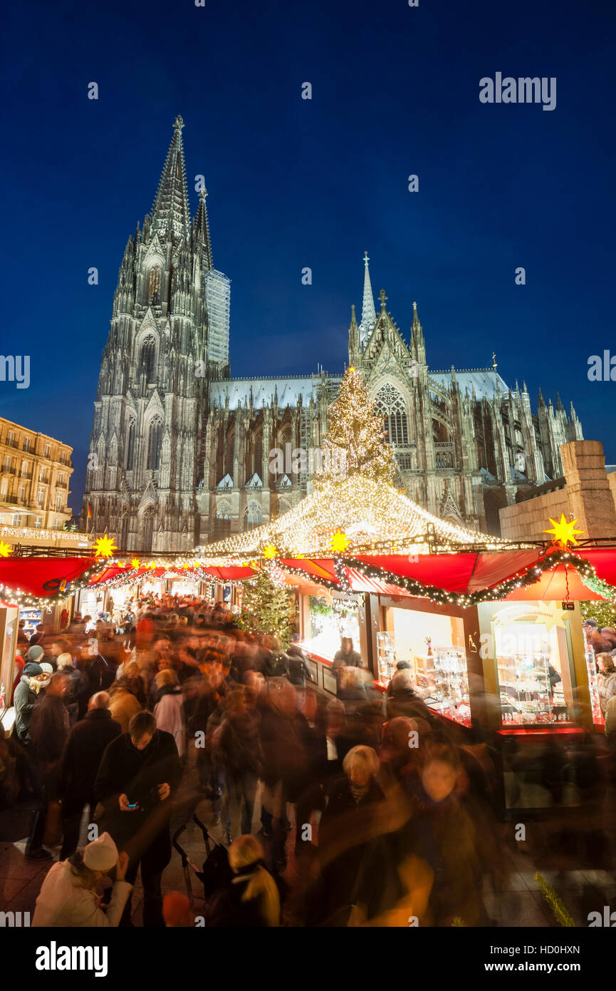 Nachtansicht der Weihnachtsmarkt in Köln mit Dom nach hinten, Deutschland Stockfoto
