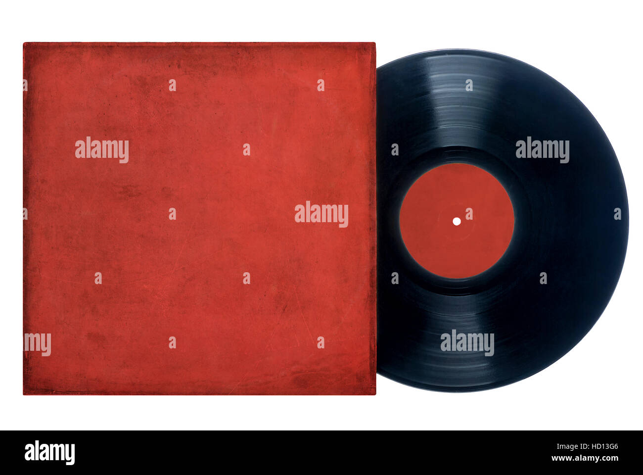 Bild einer Vinyl-Schallplatte mit einem Grunge roten Deckel und Etikett auf einem weißen Hintergrund. Platz für Kopie. Stockfoto