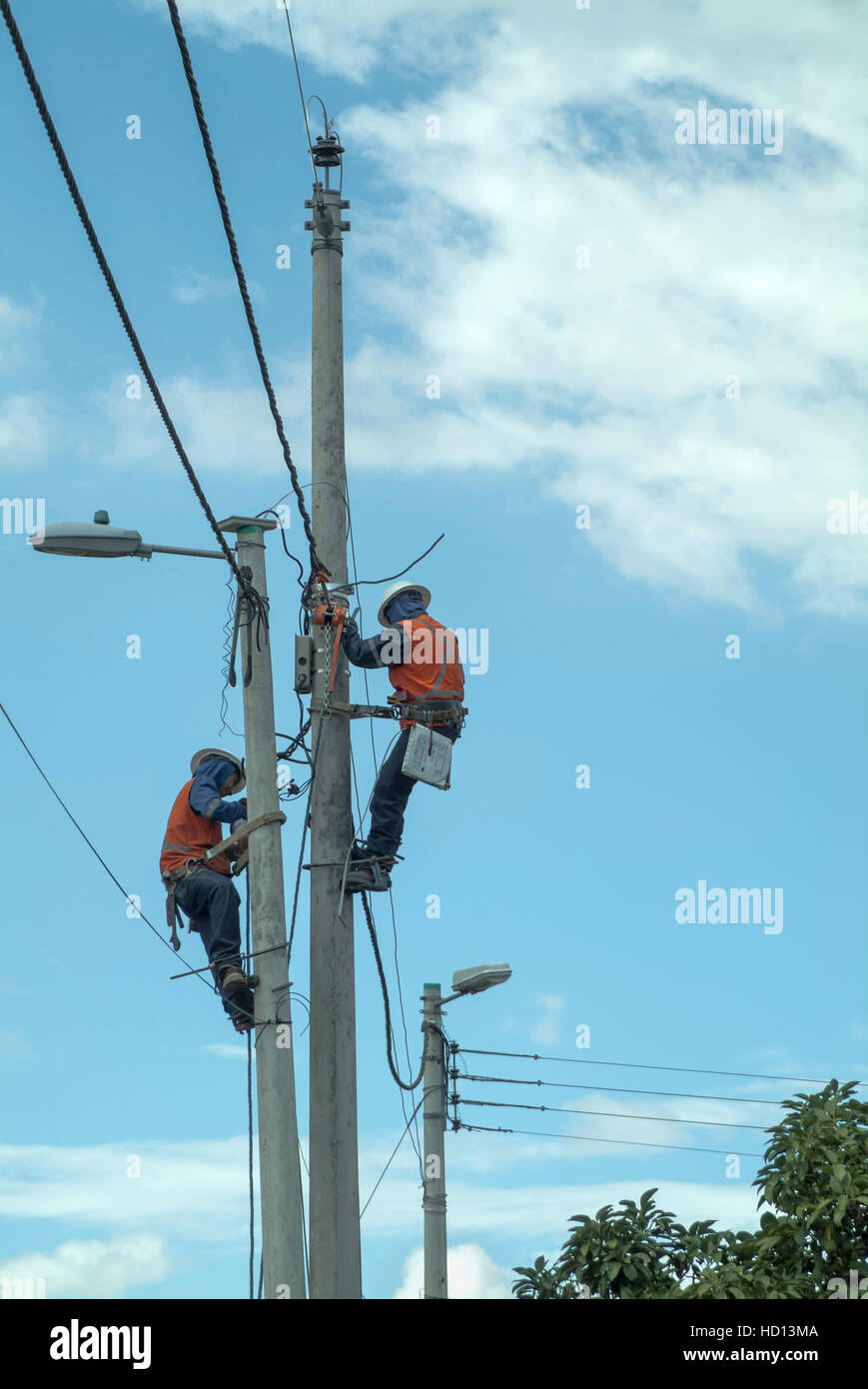 Arbeiter, die Installation von elektrischer Leitungen auf Laternen Stockfoto