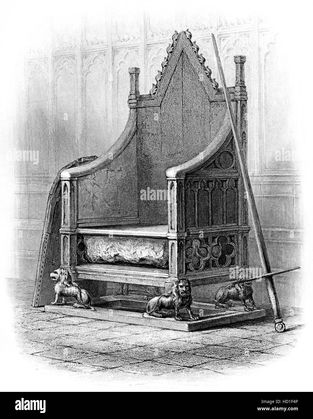 Eine Gravur des Krönungsstuhls in Westminster Abbey, die in hoher Auflösung aus einem 1859 gedruckten Buch gescannt wurde. Urheberrechtlich geschützt. Stockfoto