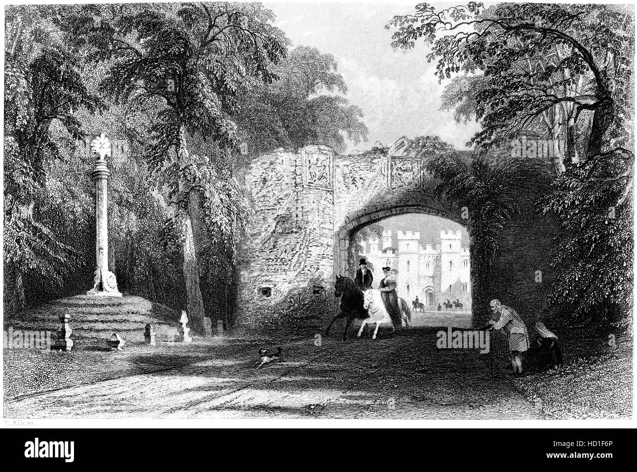 Eine Gravur der Market Cross und Palace Gate, Scone, gescannt mit hoher Auflösung aus einem Buch, gedruckt im Jahre 1859 Perthshire. Stockfoto