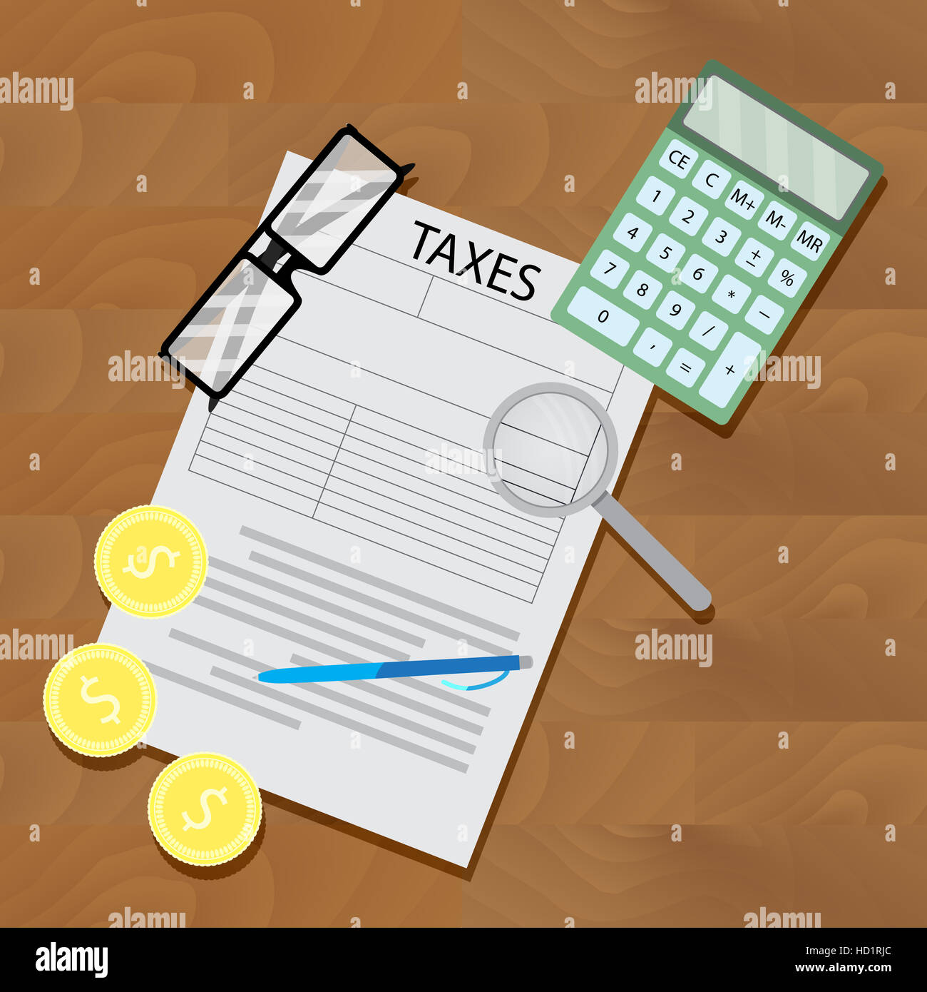Steuern und Steuererklärungen. Geld und Steuern Formulare, Besteuerung und Taschenrechner, Vektor-illustration Stockfoto