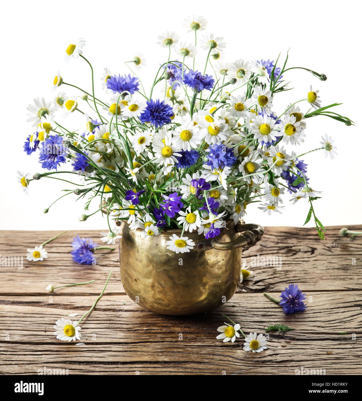 Bouquet von Kamillen und Kornblumen in der Vase auf dem Holztisch. Weißen Hintergrund. Stockfoto