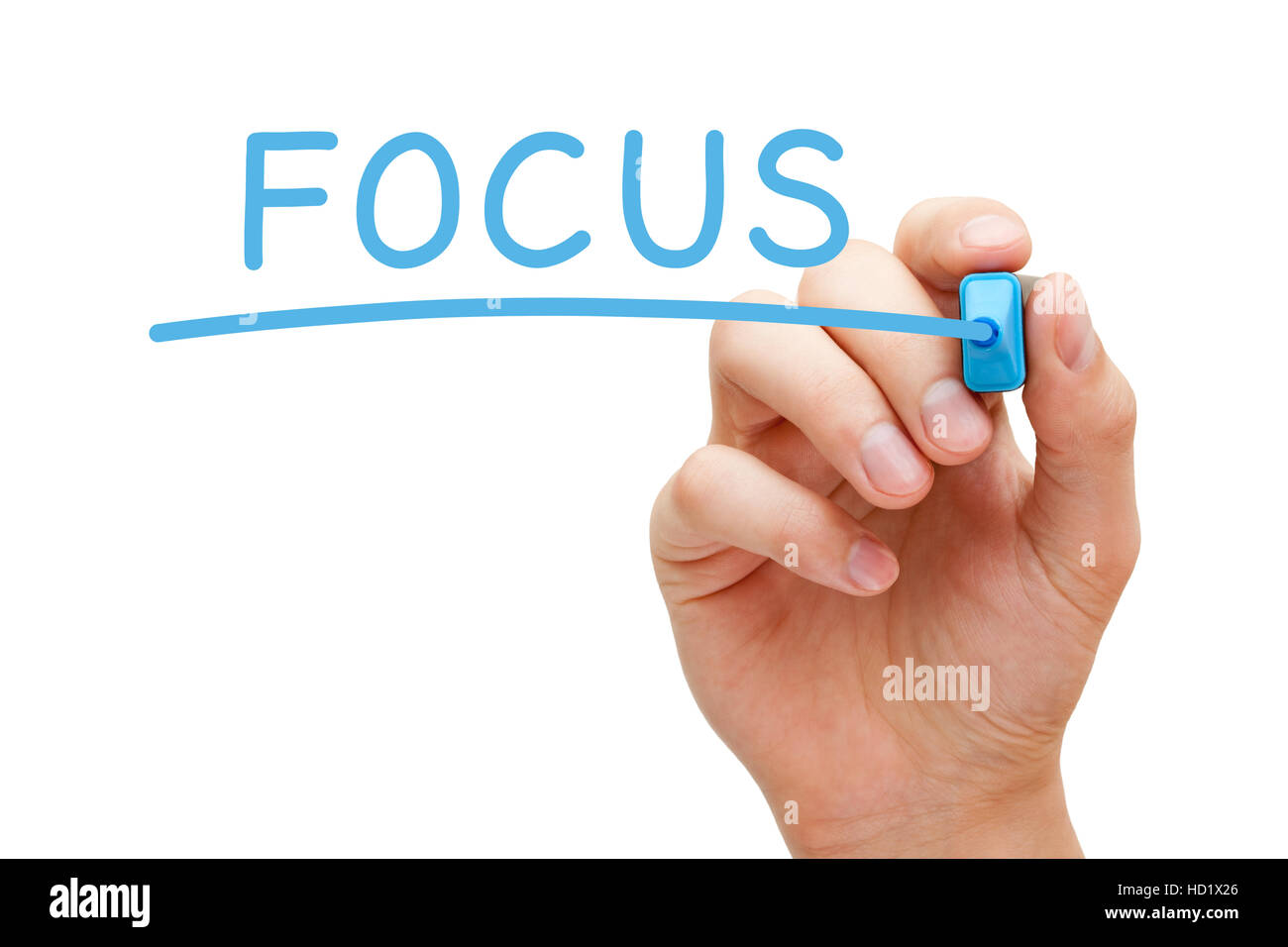 Handschrift Fokus mit blaue Markierung auf transparente wischen. Stockfoto