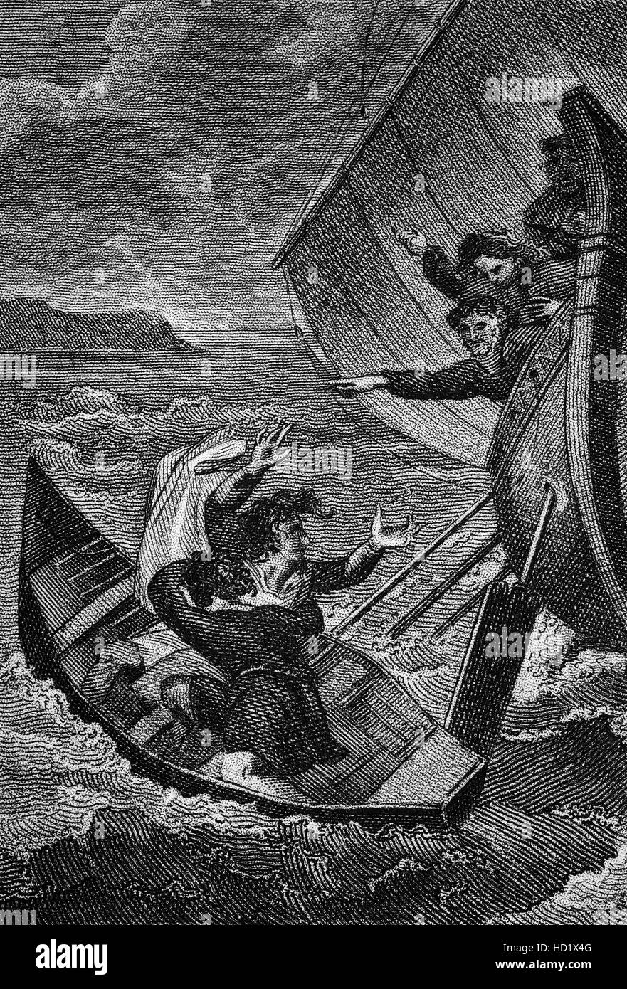 933 befahl König Æthelstan von Northumbria, dass sein Bruder Prinz Edwin auf See ertrunken sein. Nach Überzeugung von eifersüchtig Höflingen war, Edwin Verschwörung gegen Æthelstan er Edwin zum Meer in einem undichten Boot ohne Ruder, Nahrung oder Wasser geschickt hatte. Verzweifelt, Edwin warf sich ins Meer und ertrank. Stockfoto