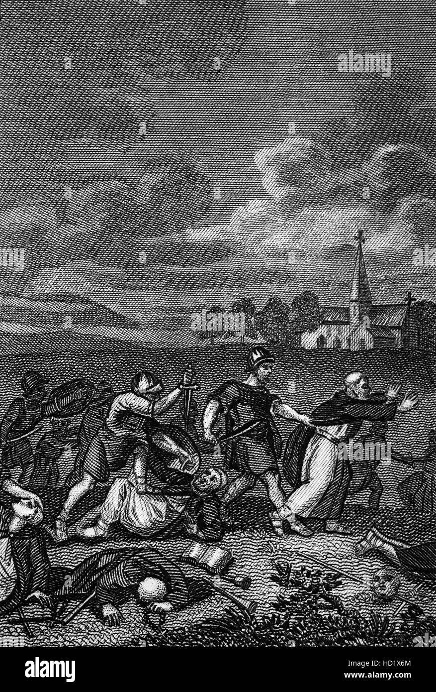 Das Kloster von Saint Dunod (oder Dunawd) an Bangor gegründet wurde zerstört 613 durch den angelsächsischen König Æthelfrith von Northumbria nach er die walisischen Armeen in der Schlacht von Chester besiegte. Vor der Schlacht hatte Mönche aus dem Kloster drei Tage lang gefastet und stieg dann einen Hügel zu bezeugen den Kampf und beten für den Erfolg der Waliser; Sie wurden auf Befehl des Königs massakriert. Stockfoto Das Kloster von Saint Dunod (oder Dunawd) an Bangor gegründet wurde zerstört 613 durch den angelsächsischen König Æthelfrith von Northumbria nach er die walisischen Armeen in der Schlacht von Chester besiegte. Vor der Schlacht hatte Mönche aus dem Kloster drei Tage lang gefastet und stieg dann einen Hügel zu bezeugen den Kampf und beten für den Erfolg der Waliser; Sie wurden auf Befehl des Königs massakriert. Stockfoto