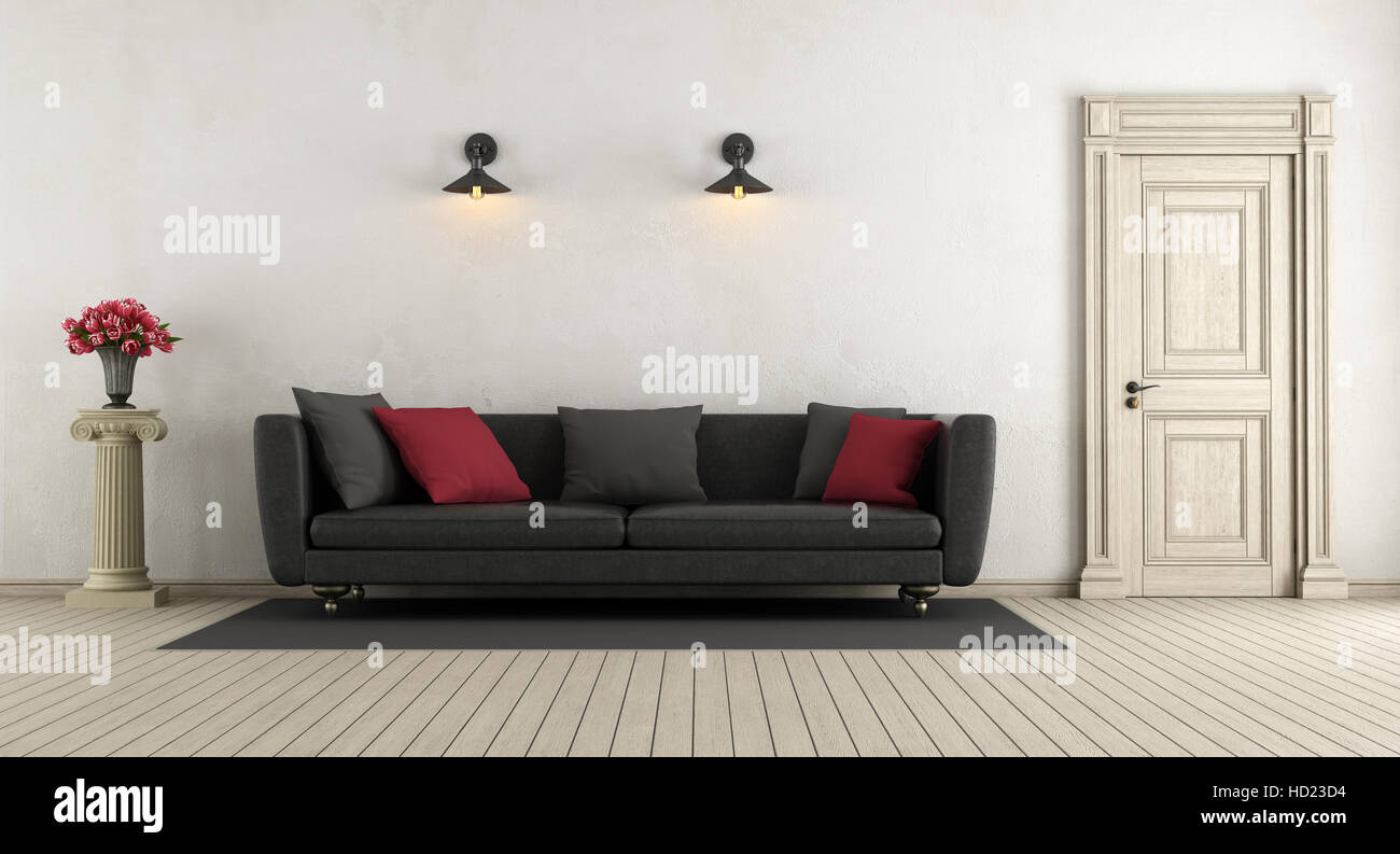 Wohnzimmer im klassischen Stil mit Ledersofa, geschlossen Sockel mit Rosen und hölzerne Tür - 3d rendering Stockfoto