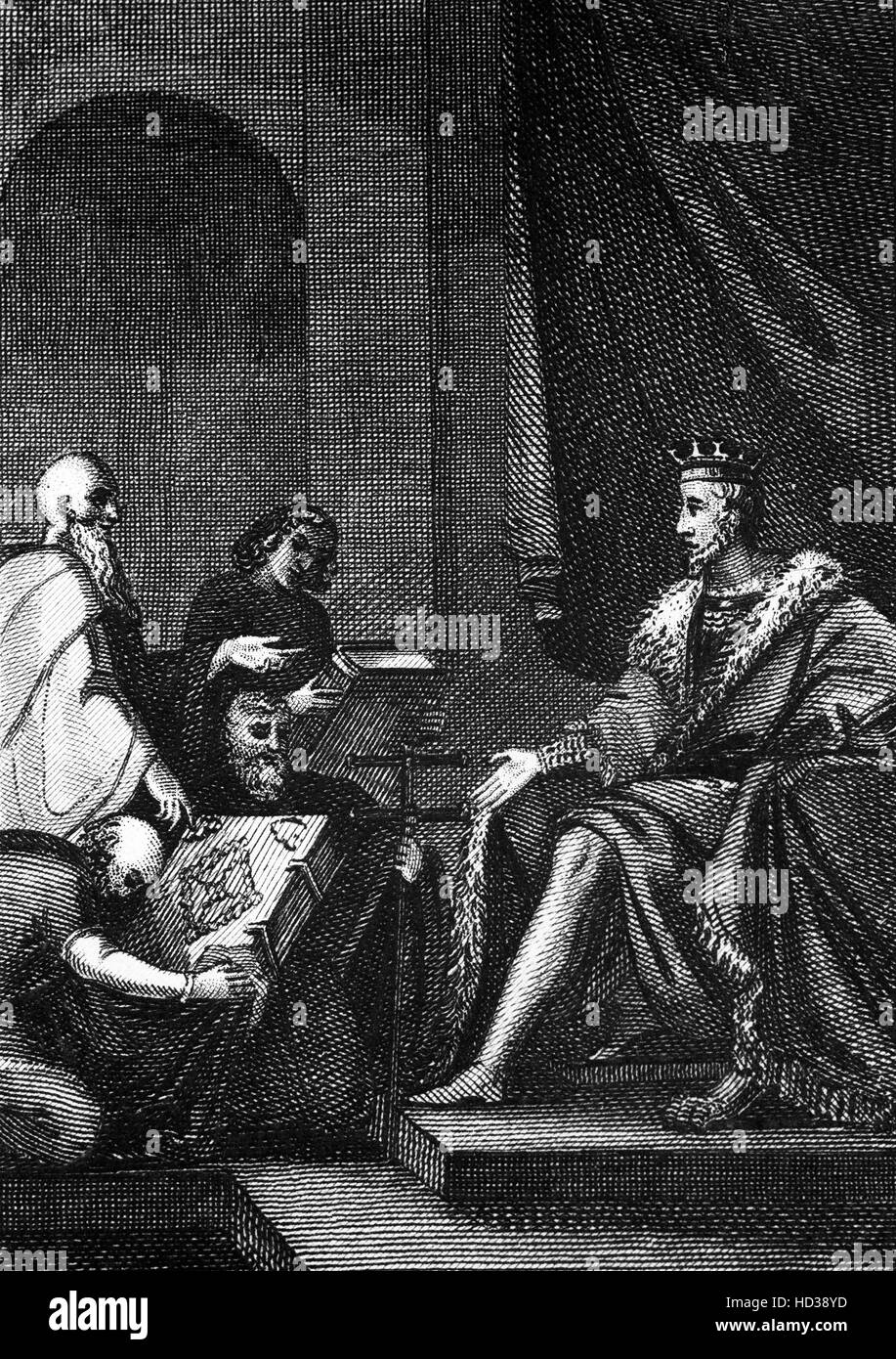 Präsentation des Domesday Book, abgeschlossen ein Manuskript-Rekord der "Großen Umfrage" viel von England und Teile von Wales im Jahr 1086 im Auftrag von König William den Eroberer. Stockfoto