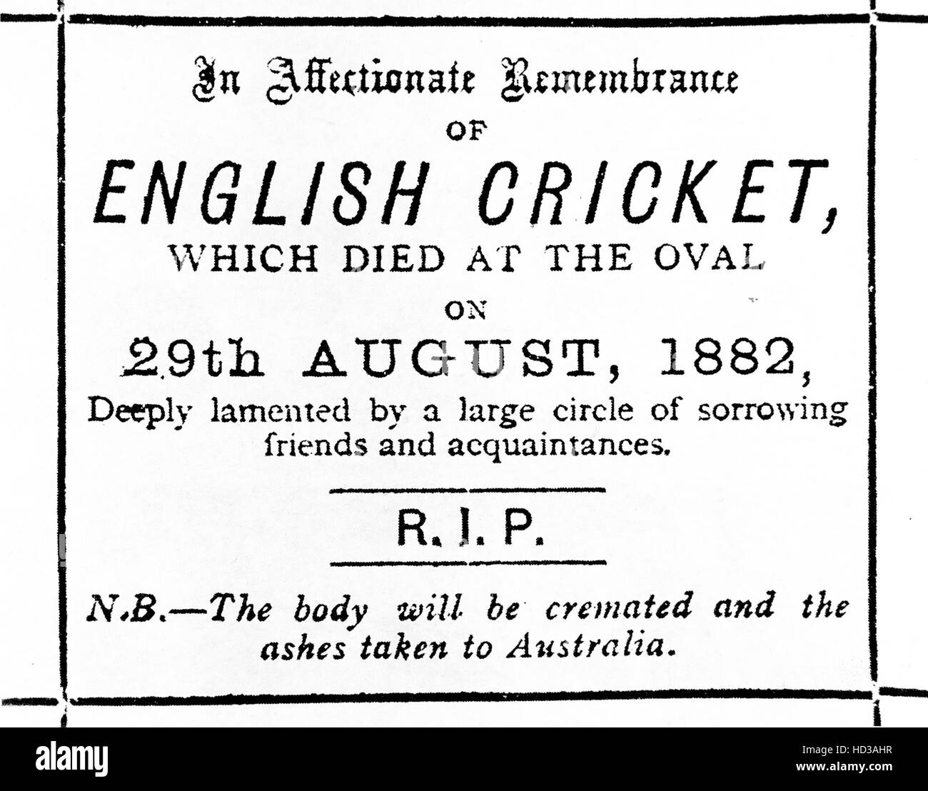 DIE Asche-Nachruf von The Sporting Times am 2. September 1882 nach Englands Test-Niederlage gegen die Australier touring Stockfoto