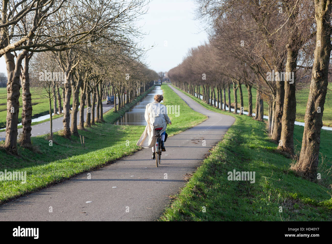 Frau auf dem Fahrrad steigt Deich, Purmer im holländischen Landschaft nördlich von amsterdam Stockfoto