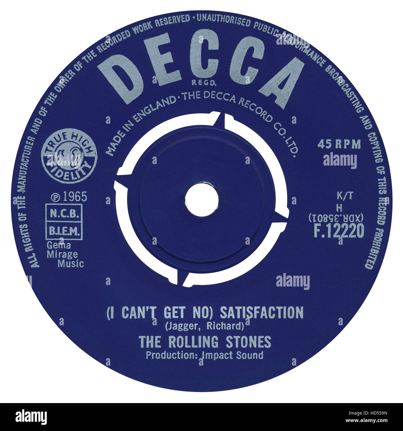 45 u/min 7' UK Plattenlabel (ich kann nicht kein erhalten) Zufriedenheit der Rolling Stones auf der Decca-Label von 1965 Stockfoto