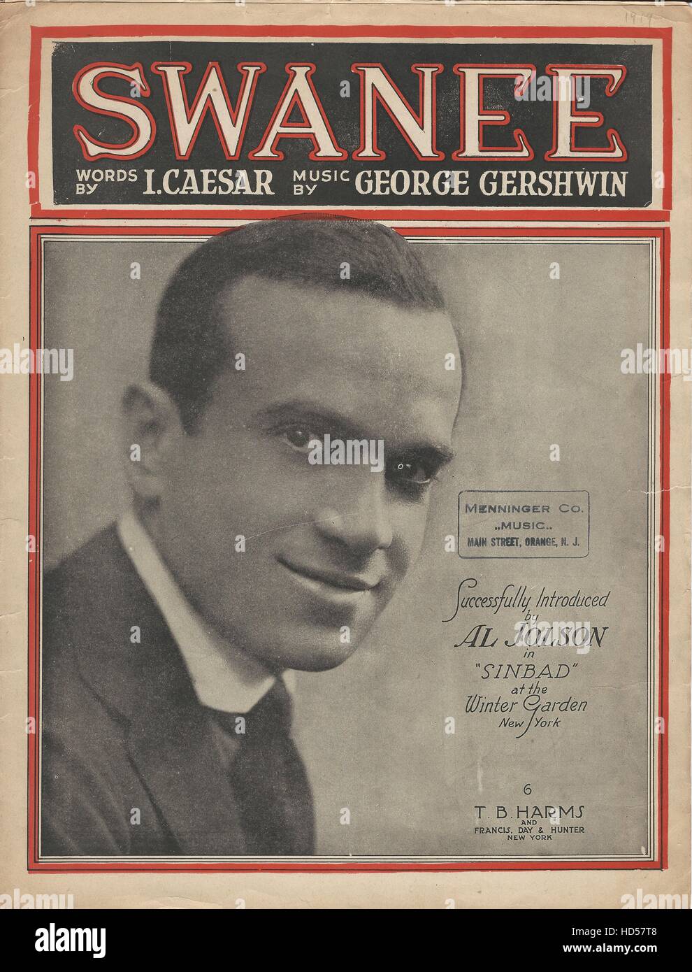 "Swanee" 1919 Al Jolson George Gershwin Sheet Music Cover. Stockfoto