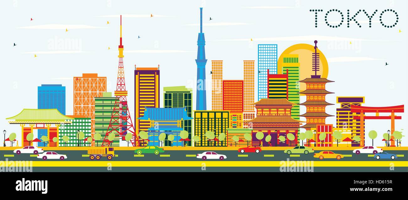 Skyline von Tokyo mit Farbe Gebäude und blauer Himmel. Vektor-Illustration. Geschäftsreisen und Tourismus-Konzept mit moderner Architektur. Stock Vektor