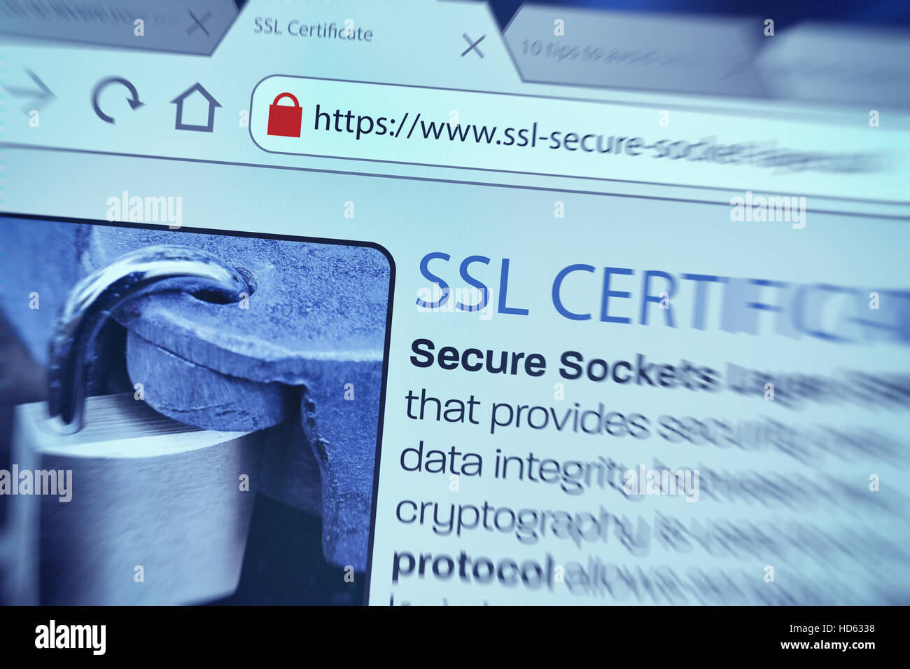 Nahaufnahme von einem Browser Fenster mit Symbol Sperren während der SSL-Verbindung Stockfoto