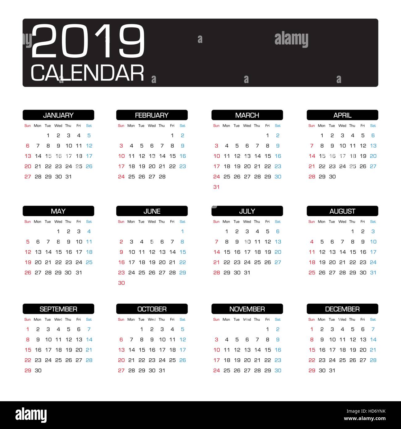 2019 Jahr Kalendervorlage Stock Vektor