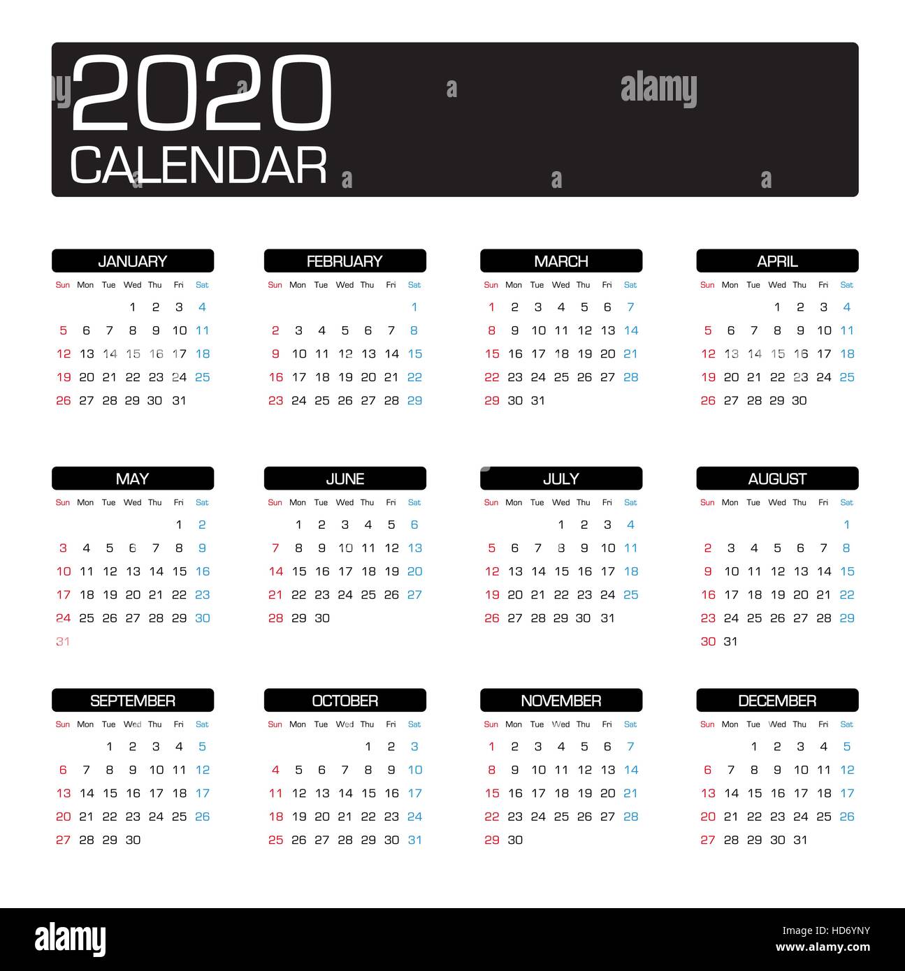 2020 Jahr Kalendervorlage Stock Vektor