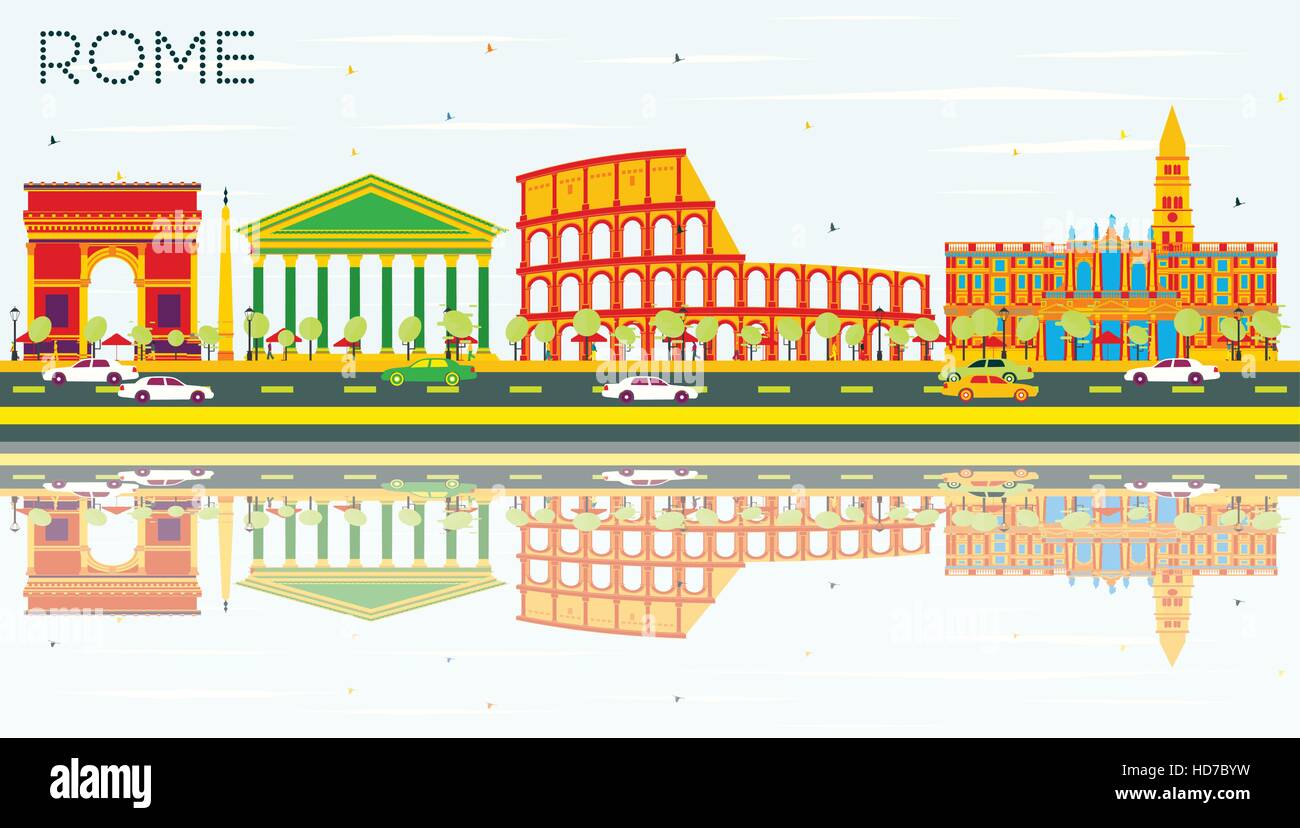 Skyline von Rom mit Farbe Gebäude, blauer Himmel und Reflexionen. Vektor-Illustration. Geschäftsreisen und Tourismus-Konzept mit historischer Architektur. Stock Vektor