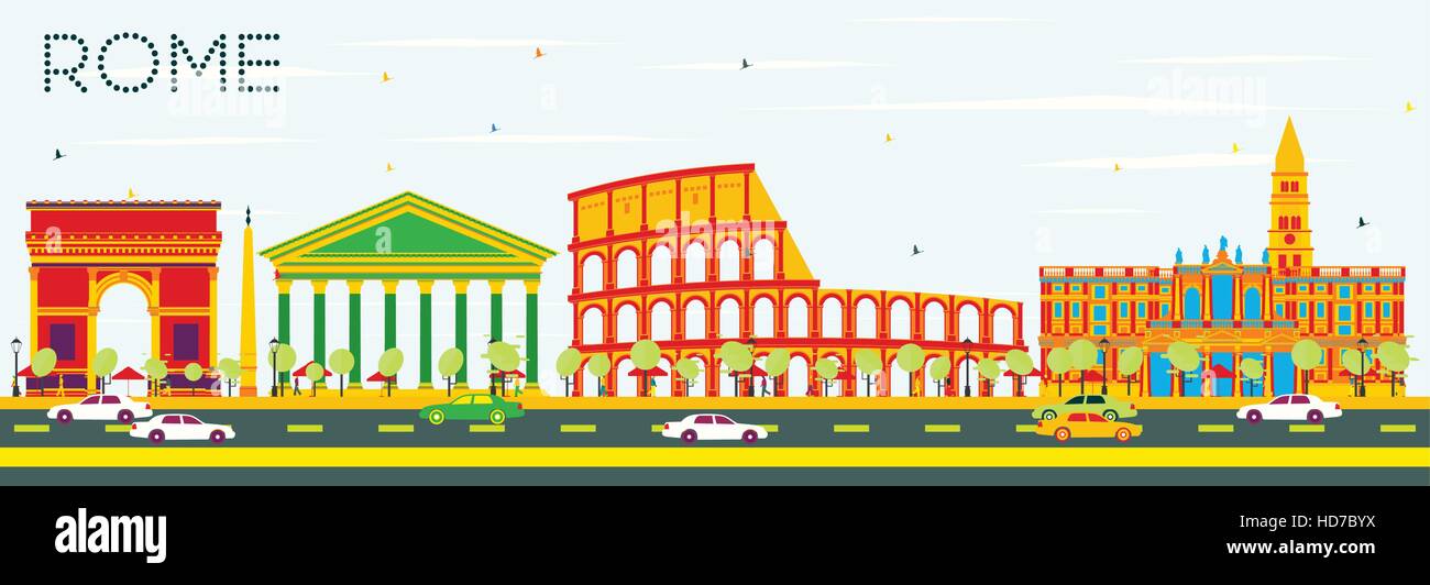 Skyline von Rom mit Farbe Gebäude und blauer Himmel. Vektor-Illustration. Geschäftsreisen und Tourismus-Konzept mit historischer Architektur. Stock Vektor