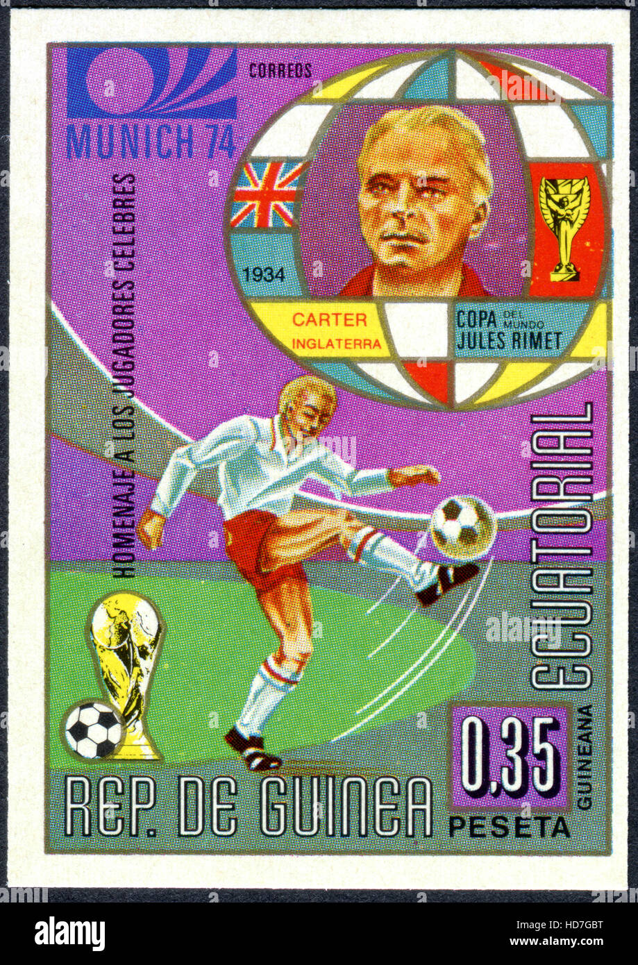 Eine Briefmarke gedruckt in Äquatorial-Guinea, gewidmet World Cup 1974 Fußball, Deutschland, zeigt die Fußballer George Carter Stockfoto