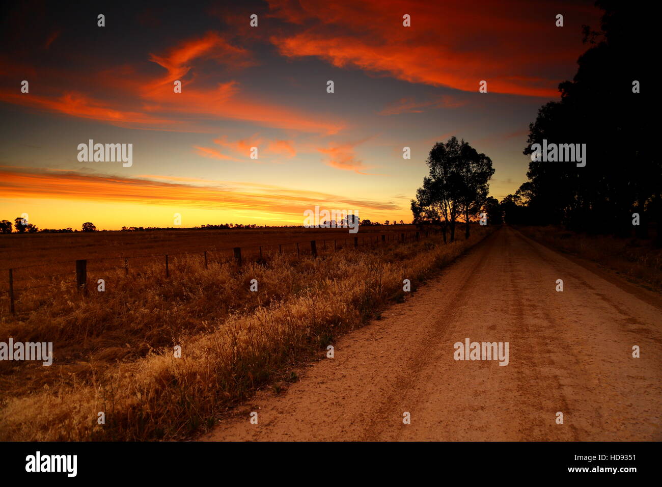 Bauernhof Land Sonnenuntergang auf einer Nebenstraße Australien Stockfoto