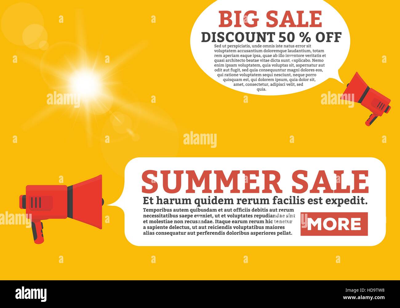 Flache Lautsprecher oder Megaphon mit Pop-Ankündigung Blase. Stock Vektor