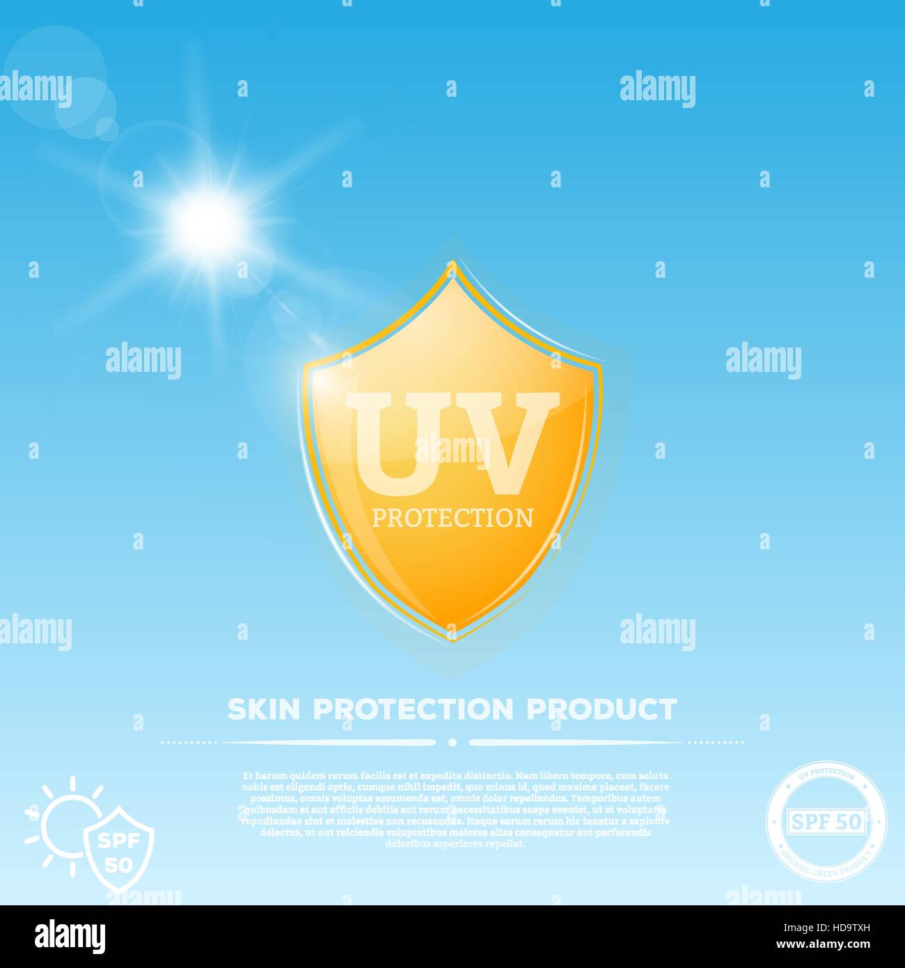 Leuchtend gelbes Schild mit UV-Sonne-Schutz-Emblem. Sonnenstrahlen am Himmelshintergrund, ultravioletten Strahlung darstellt und gelbes Schild steht Haut c Stock Vektor