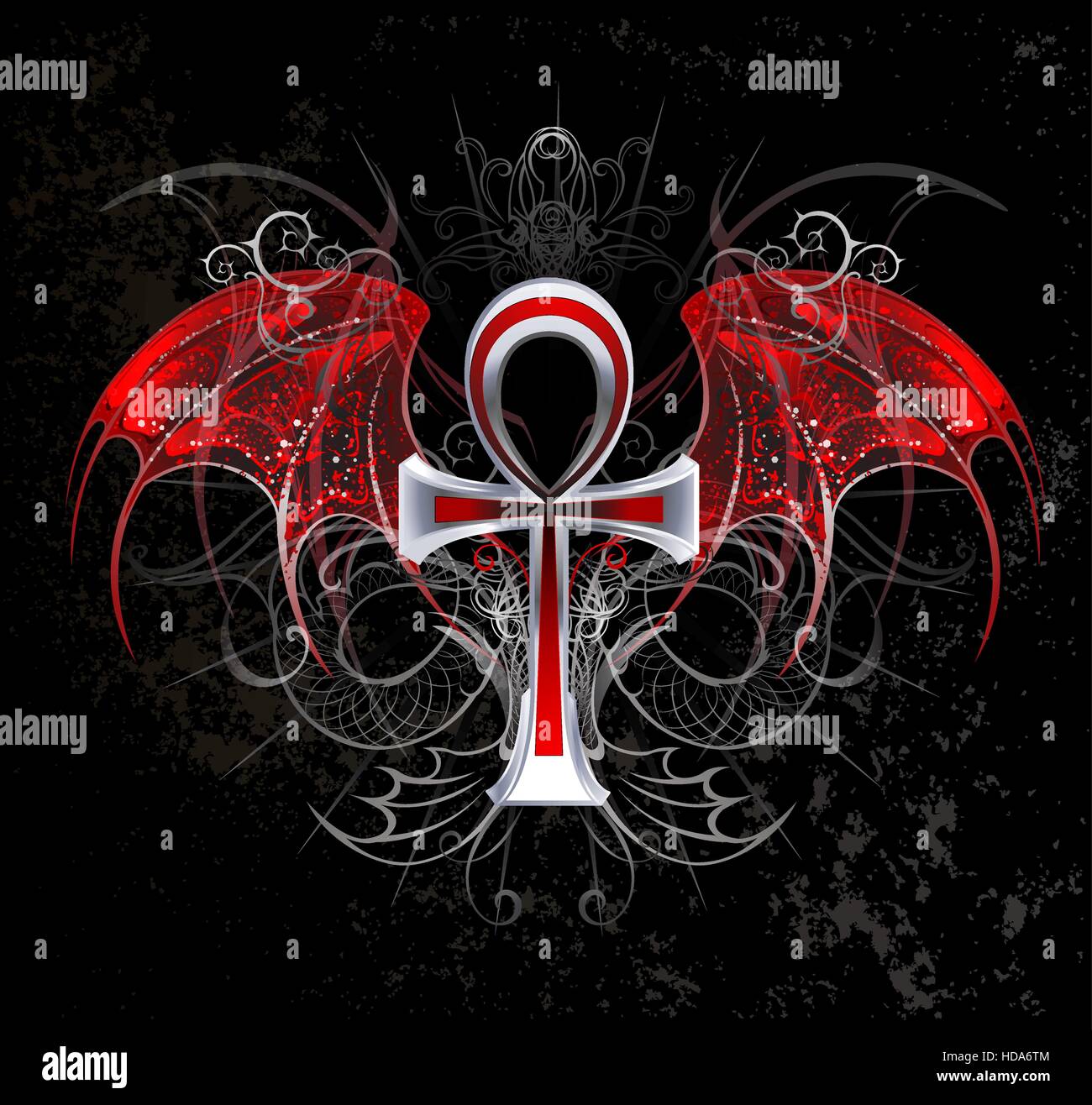 Silber Ankh Vampir mit roten Flügeln auf einem schwarzen Hintergrund. Stock Vektor
