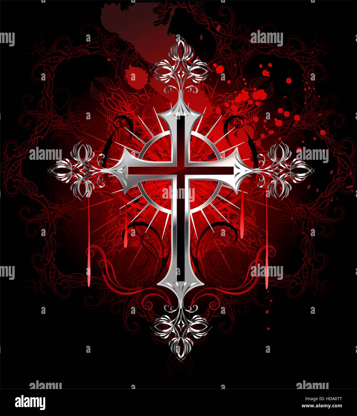 Schmuck, Gothic Silber Kreuz auf schwarzem Hintergrund mit einem Muster von Copyright dekoriert und mit Farbe gefärbt. Stock Vektor
