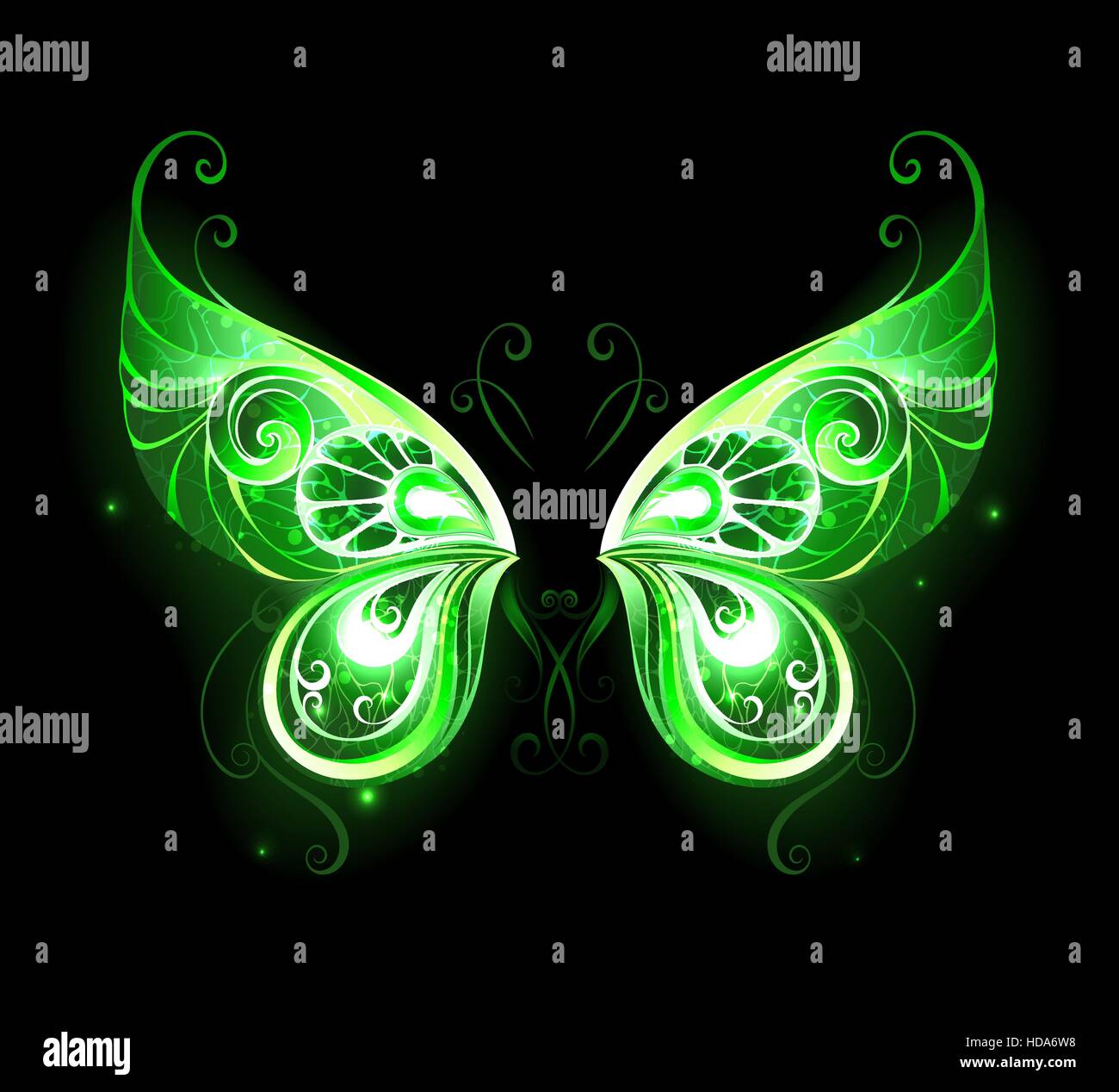 Gemustert, grün, glühende Feenflügel auf einem schwarzen Hintergrund. Magisches Symbol. Feenflügel. Stock Vektor