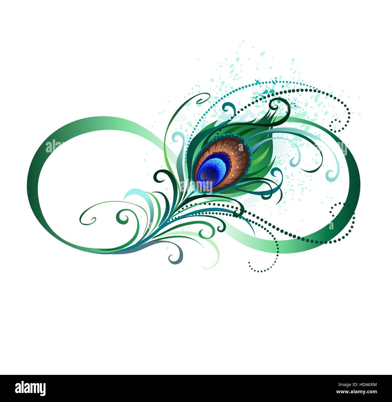 Das Symbol der Unendlichkeit mit einer hellen, grün, künstlerische Pfauenfeder auf weißem Hintergrund. Tattoo-Stil. Stock Vektor