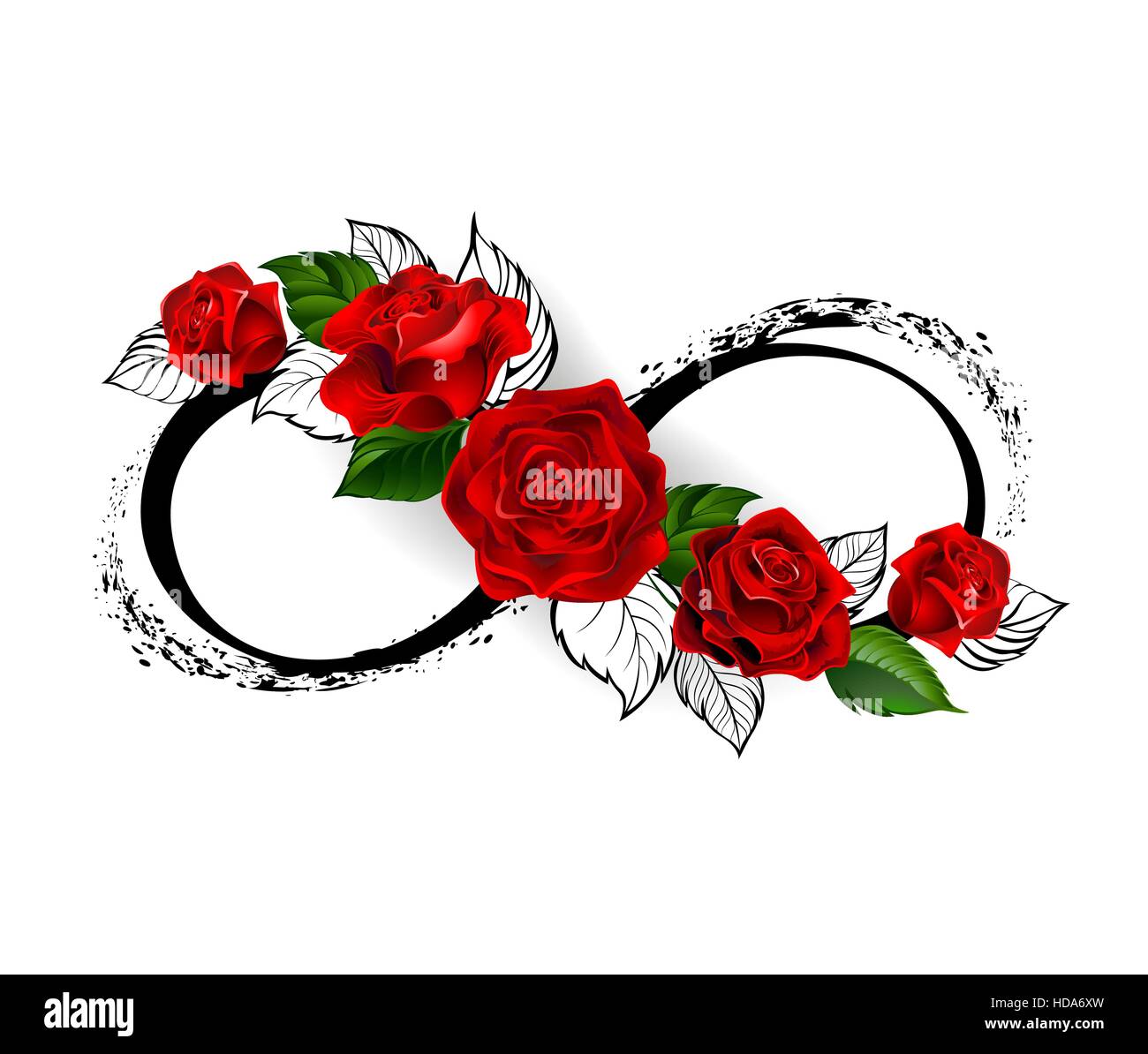 Unendlichkeitszeichen mit roten Rosen und schwarzen Stielen auf einem weißen Hintergrund. Design mit Rosen. Tattoo-Stil. Gotischen Stil.  Stammes-Grafiken. Stil-Skizze. Stock Vektor