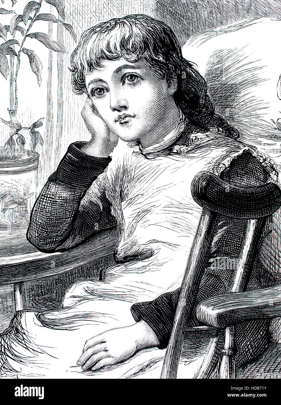 Gebrechliche Mädchen mit Krücke saß im Stuhl, Illustration von 1884 Chatterbox wöchentlichen Kinder Papier Stockfoto