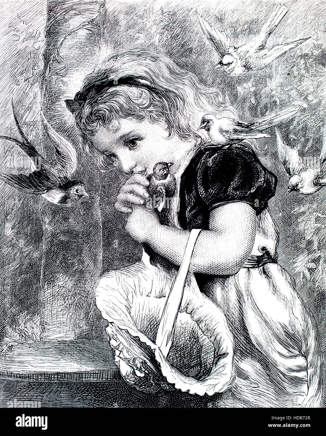 Mädchen unter Vögel, Illustration von 1884 Chatterbox wöchentlichen Kinder Papier Stockfoto