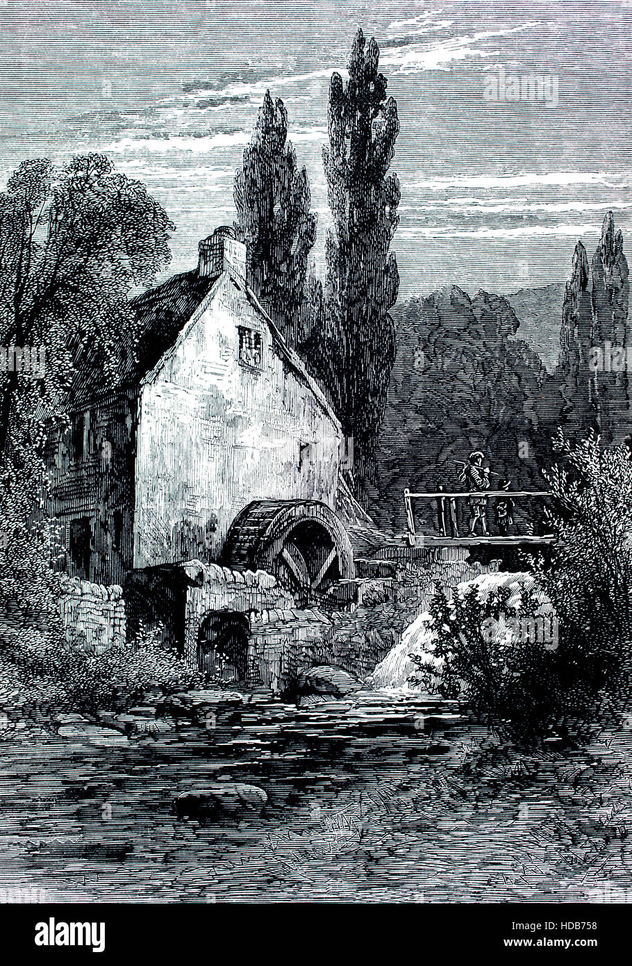 Ländlicher Idylle Szene, Wassermühle neben Fluss, Illustration von 1884 Chatterbox wöchentlichen Kinder Papier Stockfoto