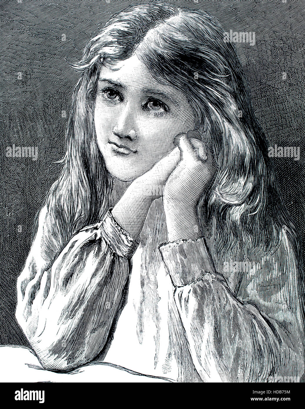 Tief im nachdenklich Mädchen dachte, Illustration von 1884 Chatterbox wöchentlichen Kinder Papier Stockfoto