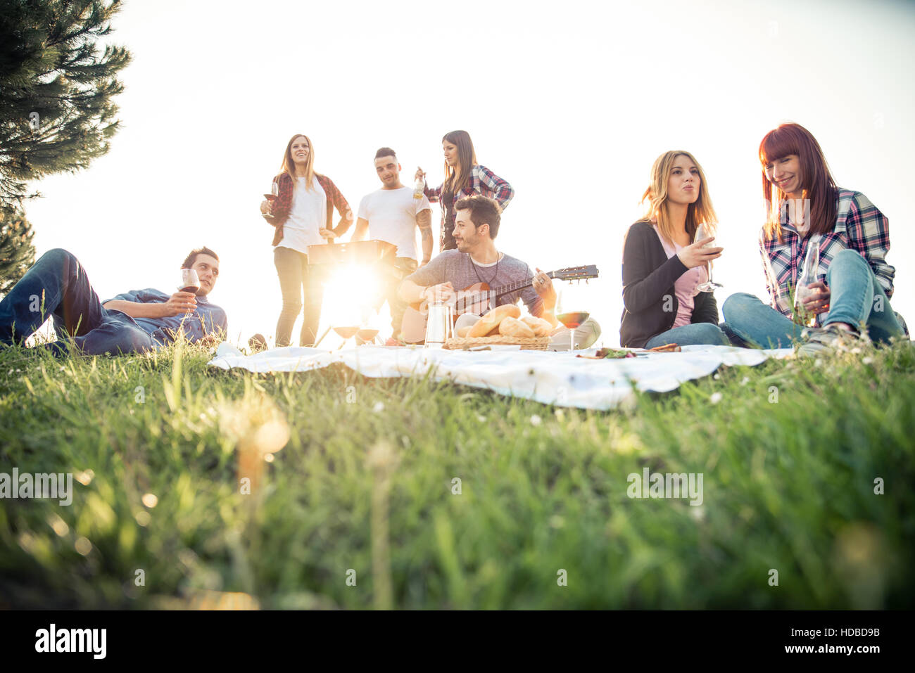 Gruppe von Freunden mit Picknick in einem Park an einem sonnigen Tag - Leute rumhängen, Spaß, Grillen und entspannen Stockfoto