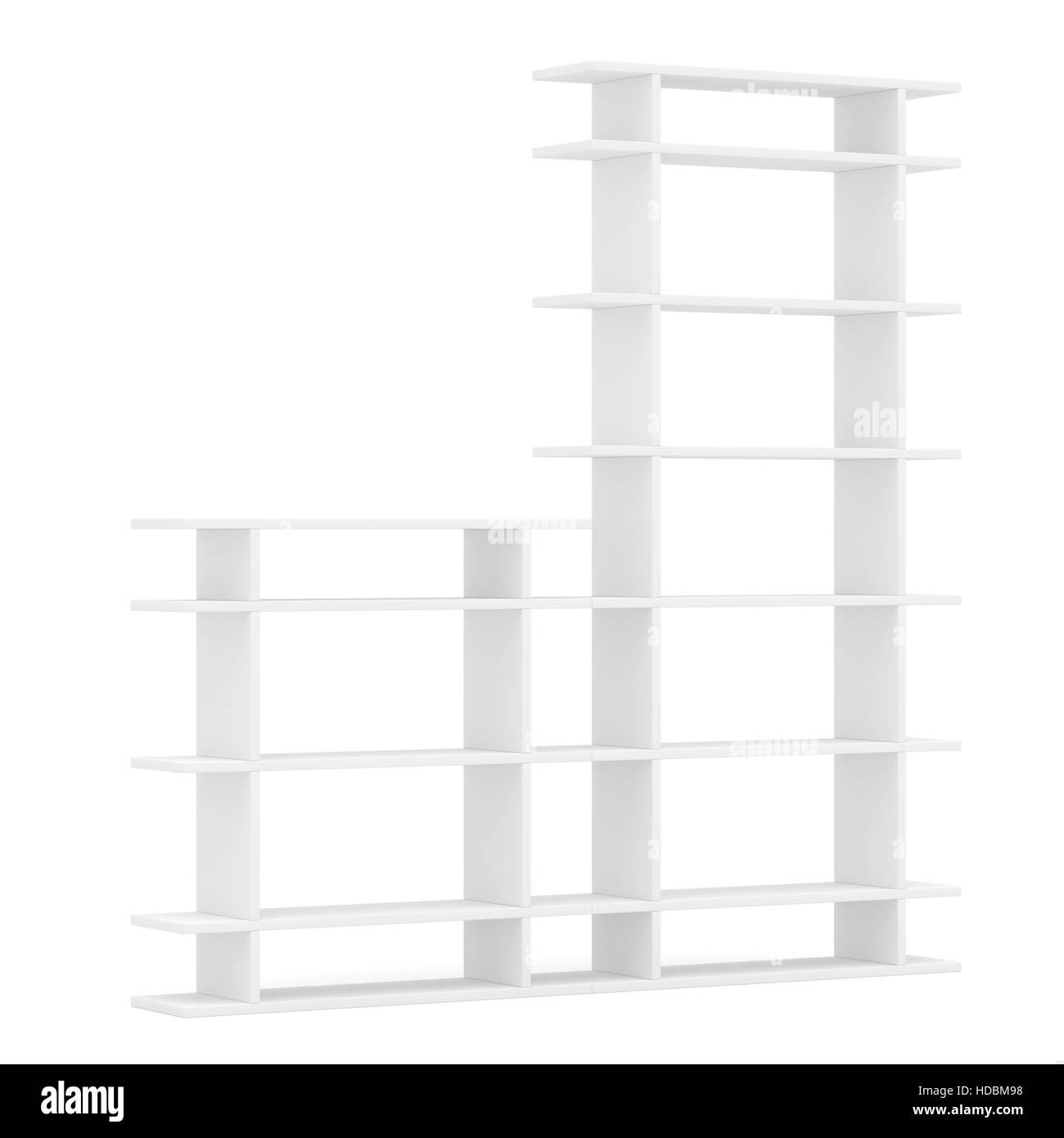 Leere Regale auf weißem Hintergrund Stockfoto