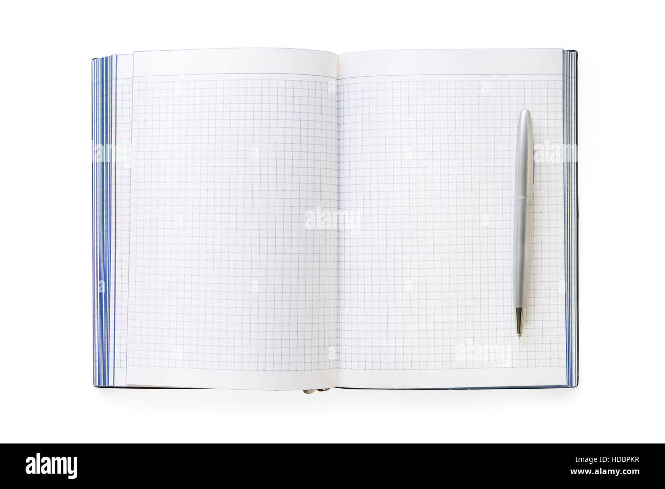 Geöffneten Notizbuch mit Stift. Ansicht von oben, isoliert auf weiss, Clipping-Pfad enthalten Stockfoto