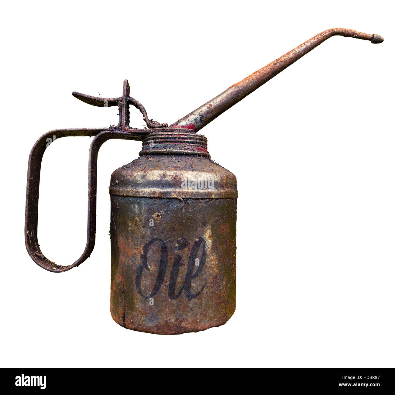 Eine isolierte Vintage Grunge Rusty Ölkanne mit Text Stockfoto