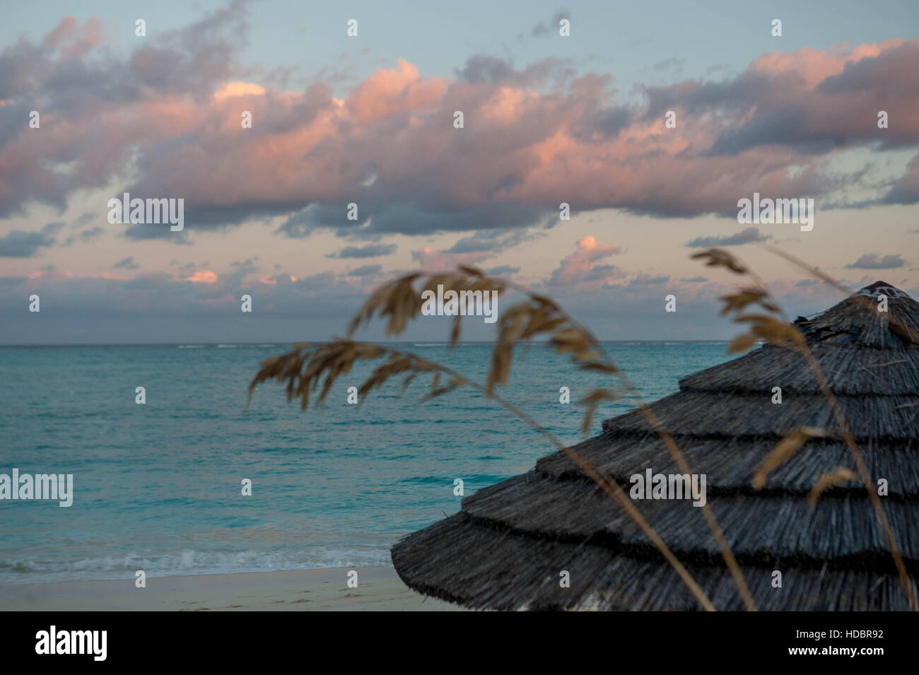 Sonnenaufgang auf der karibischen Insel von Türken & Caicos. Ein Reetdach befindet sich vor dem Blau / türkisfarbenen Meer mit rosa Wolken Stockfoto