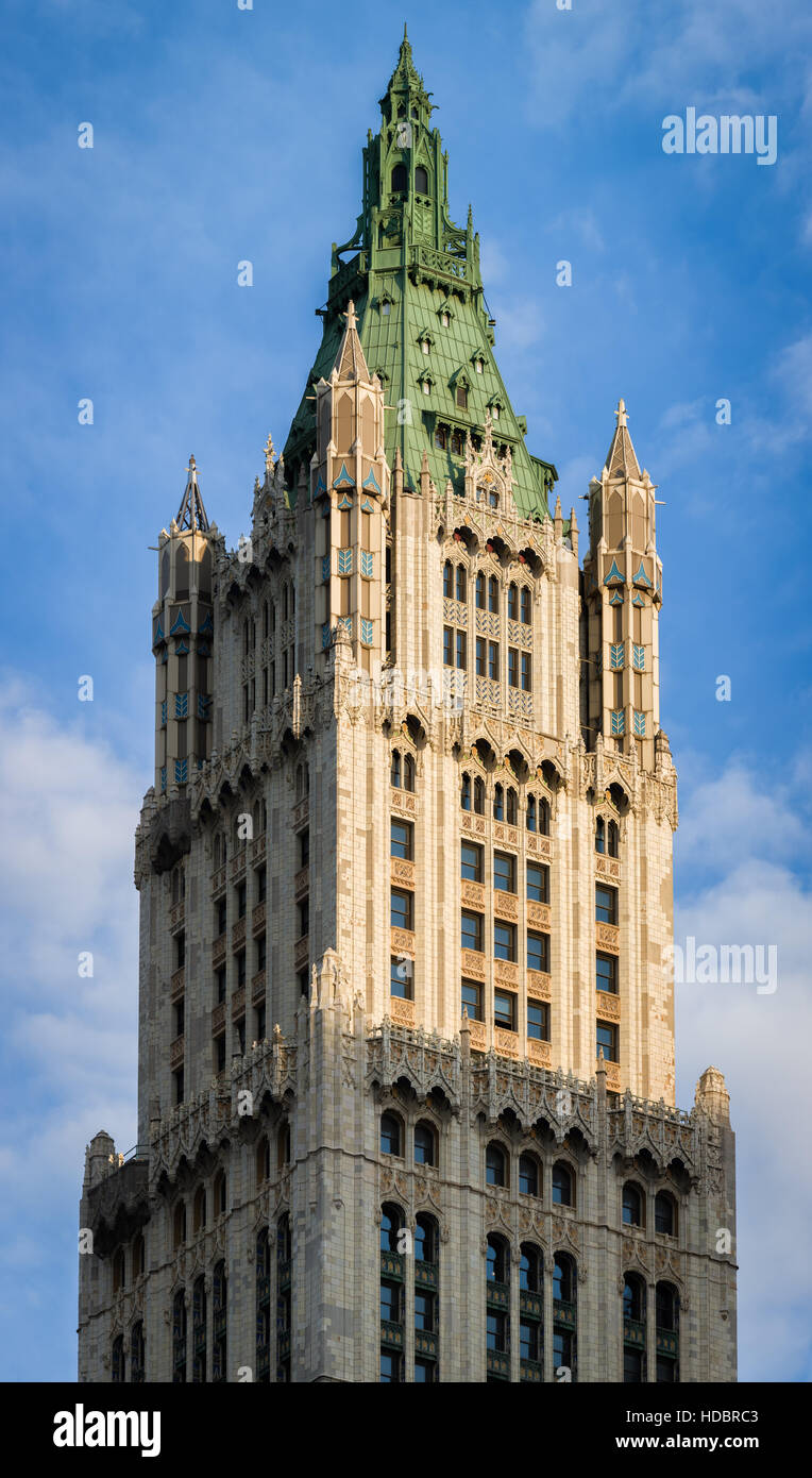 Woolworth Building, neugotische Architektur mit Terra Cotta Ornament und Kupfer Dach. Lower Manhattan, New York City Stockfoto