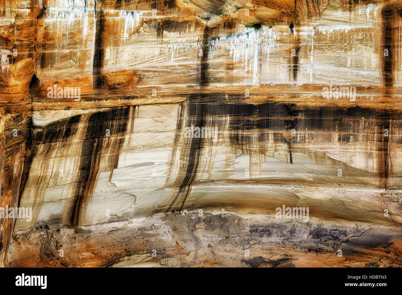 Sliding House Ruinen bleiben an der Basis der bunten Wüstenlack Wände in Arizonas Canyon de Chelly National Monument. Stockfoto