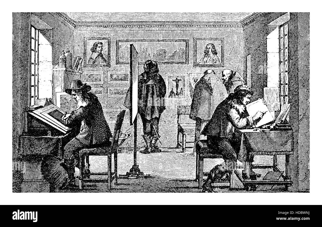 Gravur von Kupfer Gravuren mittelalterlichen Werkstatt, vintage Stockfoto