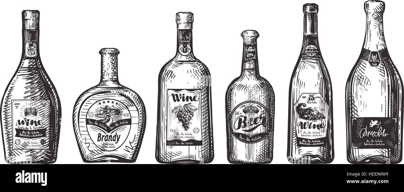 Legen Sie Flaschen für Bar. Alkoholische Getränke wie Wein, Bier, Brandy, Champagner, Whisky, Wodka-Skizze-Vektor-illustration Stock Vektor